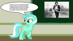 Size: 1280x720 | Tagged: safe, lyra heartstrings, pony, g4, female, horror, human studies101 with lyra, leatherface, meme, solo, speech bubble, the texas chainsaw massacre, this will end in death, this will end in tears, this will end in tears and/or death, this will not end well