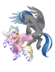 Size: 1994x2607 | Tagged: safe, artist:jay-kuro, oc, oc only, oc:bay breeze, oc:cloud zapper, pony, bow, clothes, colored pupils, commission, duo, female, flying, hair bow, male, mare, simple background, smiling, socks, stallion, stockings, striped socks, thigh highs, ych result