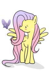 Size: 2480x3508 | Tagged: safe, artist:teopaca, fluttershy, butterfly, pony, g4, blush sticker, blushing, dot eyes, female, high res, looking at something, simple background, solo, spread wings, standing, turned head, white background, wings