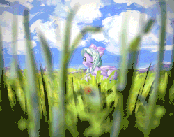 Size: 654x513 | Tagged: safe, artist:mirroredsea, flitter, ladybug, pegasus, pony, g4, animated, bow, cloud, cute, depth of field, female, gif, grass, hair bow, looking at you, mare, one eye closed, prone, sky, smiling, solo, wink