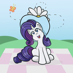 Size: 1024x1024 | Tagged: safe, artist:yoshimarsart, rarity, butterfly, pony, g4, female, hat, sitting, solo, watermark