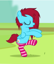 Size: 1880x2230 | Tagged: safe, artist:lobinchi, oc, oc only, oc:autumn moon, pegasus, pony, clothes, eyes closed, female, mare, rearing, socks, solo, striped socks, thigh highs, training