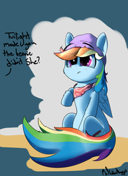 Size: 1900x2600 | Tagged: safe, artist:a8f12, rainbow dash, pony, g4, bandana, beanie, blue coat, blushing, dialogue, female, hat, implied twilight sparkle, magenta eyes, offscreen character, rainbow tail, sitting, solo, wings