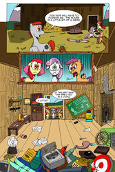 Size: 1024x1536 | Tagged: safe, artist:cartoon-eric, apple bloom, scootaloo, sweetie belle, oc, oc:fritz, oc:gear loose, pony, comic:cmc and gear loose, g4, ball, book, bookshelf, chalkboard, comic, cutie mark crusaders, kitchen sink, messy, pixar, raygun, screwdriver, skis, tongue out, wheel