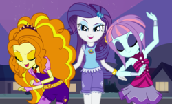 Size: 4752x2864 | Tagged: safe, artist:alicornoverlord, artist:invisibleink, artist:lifes-remedy, artist:sketchmcreations, artist:themexicanpunisher, adagio dazzle, rarity, sunny flare, equestria girls, equestria girls specials, g4, my little pony equestria girls: dance magic, my little pony equestria girls: legend of everfree, bracelet, camp everfree outfits, clothes, dancing, eyes closed, high res, houses, looking at you, open mouth, shorts, trio