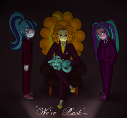 Size: 1556x1440 | Tagged: safe, artist:tenebrisdawnmlp, adagio dazzle, aria blaze, sonata dusk, oc, oc:penora melody, comic:bedazzled, equestria girls, g4, :p, chair, clothes, suit, the dazzlings, tongue out