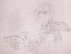 Size: 2000x1500 | Tagged: safe, artist:mrtheamazingdude, rainbow dash, pony, g4, alternate timeline, apocalypse dash, crossover, crystal war timeline, hate art, male, monochrome, nostalgia critic, sonic drama, sonic the hedgehog, sonic the hedgehog (series), sonic.exe, taste the rainbow, torn ear