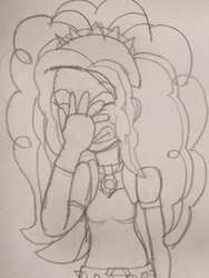 Size: 1500x2000 | Tagged: safe, artist:mrtheamazingdude, adagio dazzle, equestria girls, g4, facepalm, female, monochrome, solo, traditional art