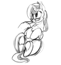 Size: 858x904 | Tagged: safe, artist:graboiidz, oc, oc only, oc:rosette fluff, pony, boop, chest fluff, disembodied hand, female, hand, mare, monochrome, on back, sketch