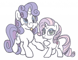 Size: 1280x995 | Tagged: safe, artist:pirill, rarity, sweetie belle, pony, g4, 30 minute art challenge, :p, :t, alternate hairstyle, cheek fluff, chest fluff, derp, duckface, eyeshadow, female, filly, fluffy, leg fluff, lidded eyes, makeup, mane swap, mare, raised hoof, raised leg, shoulder fluff, silly, simple background, smiling, smirk, solo, tongue out, white background