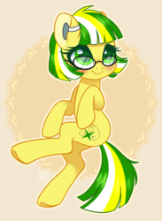 Size: 2535x3472 | Tagged: safe, artist:hawthornss, oc, oc only, oc:star stitcher, pony, blushing, glasses, hearing aid, high res, simple background, smiling, solo, underhoof