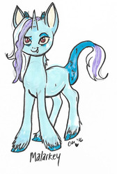 Size: 589x875 | Tagged: safe, artist:twinklestah, oc, oc only, oc:malarkey, draconequus, hybrid, pony, unicorn, female, interspecies offspring, male, mare, offspring, parent:discord, parent:trixie, parents:trixcord, simple background, snaggletooth, solo, stallion, traditional art, white background