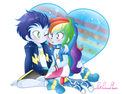 Size: 1280x989 | Tagged: safe, artist:pinkprincessblossom, rainbow dash, soarin', equestria girls, g4, blushing, boots, clothes, compression shorts, cute, dashabetes, equestria girls-ified, female, heart, male, multicolored hair, one eye closed, rainbow, ship:soarindash, shipping, shorts, simple background, skirt, smiling, straight, tongue out, transparent background, wink