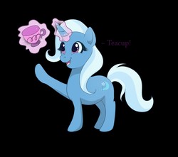 Size: 1280x1131 | Tagged: safe, artist:tayarinne, trixie, pony, unicorn, g4, black background, cup, female, happy, simple background, smiling, solo, teacup, that pony sure does love teacups