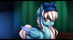 Size: 1920x1078 | Tagged: safe, artist:xn-d, oc, oc only, oc:ice, pegasus, pony, hat, looking back, solo, wings