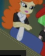 Size: 145x181 | Tagged: safe, screencap, golden hazel, watermelody, equestria girls, g4, my little pony equestria girls: rainbow rocks, background human, clothes, cropped, crossed arms, long skirt, op i can't see shit, sad, scarf, sitting, skirt