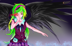 Size: 4000x2558 | Tagged: safe, artist:krystaki, lemon zest, angel, equestria girls, g4, anime, clothes, crystal prep academy, crystal prep academy uniform, crystal prep shadowbolts, evil, female, headphones, high res, looking at you, no more ponies at source, school uniform, sleeveless, solo, sombra eyes, spread wings, wings