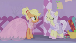 Size: 1366x768 | Tagged: safe, screencap, applejack, lily lace, rarity, pony, g4, honest apple, my little pony: friendship is magic, alternate hairstyle, clothes, cropped, cute, dress, see-through