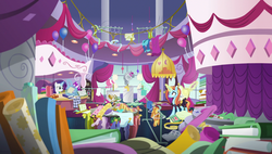 Size: 1920x1090 | Tagged: safe, screencap, rarity, sassy saddles, pony, forever filly, g4, canterlot carousel, messy