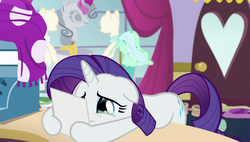 Size: 1920x1090 | Tagged: safe, screencap, rarity, pony, forever filly, g4, canterlot carousel, female, hoof hold, mare, solo, teary eyes