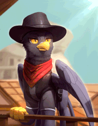 Size: 508x650 | Tagged: safe, artist:rodrigues404, oc, oc only, oc:apostle, griffon, animated, bandana, cinemagraph, clothes, commission, cowboy hat, gif, griffon oc, hat, male, saddle bag, solo, stetson, sunlight, vest, wind