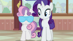 Size: 1920x1090 | Tagged: safe, screencap, rarity, sweetie belle, pony, forever filly, g4, blindfold