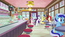 Size: 1920x1090 | Tagged: safe, screencap, cosmic (g4), minuette, rarity, starburst (g4), sweetie belle, pegasus, pony, unicorn, forever filly, g4, ice cream parlor, soybean sorbet