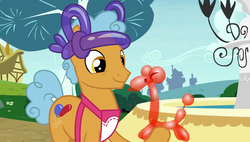 Size: 1920x1090 | Tagged: safe, screencap, twisty pop, earth pony, pony, forever filly, g4, apron, balloon, balloon animal, balloon hat, clothes, male, smiling, solo, stallion