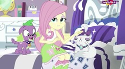 Size: 804x446 | Tagged: safe, screencap, fluttershy, opalescence, spike, spike the regular dog, dog, equestria girls, equestria girls specials, g4, my little pony equestria girls: dance magic, bed, book, clothes, eyes closed, female, lidded eyes, looking at you, male, mirror, paws, skirt, socks, teletoon
