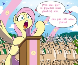 Size: 2481x2081 | Tagged: safe, artist:doublewbrothers, edit, fluttershy, bird, butterfly, deer, pony, fluttershy leans in, g4, blackletter, cropped, dialogue, german, germanshy, goose step, high res, translated in the comments
