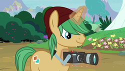 Size: 1920x1090 | Tagged: safe, screencap, snapshot, pony, unicorn, forever filly, g4, my little pony: friendship is magic, beanie, camera, facial hair, glowing horn, hat, horn, magic, male, solo, stallion