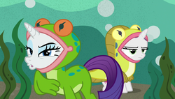 Size: 1920x1090 | Tagged: safe, screencap, rarity, sweetie belle, pony, forever filly, g4, duckface, female, frog costume, ribbity, siblings, sisters, sweetie belle is not amused, tadpole belle, unamused