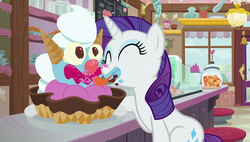 Size: 1920x1090 | Tagged: safe, screencap, rarity, pony, forever filly, g4, clown surprise, female, food, ice cream, licking, mare, messy eating, solo, tongue out