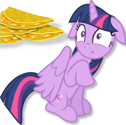 Size: 1360x1350 | Tagged: safe, twilight sparkle, alicorn, pony, g4, ears back, female, food, quesadilla, scared, shocked, simple background, solo, they're just so cheesy, turophobia, twilight sparkle (alicorn), white background
