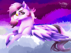 Size: 1600x1200 | Tagged: safe, artist:brainiac, oc, oc only, oc:shooting star, pegasus, pony, bandaid, bandaid on nose, cloud, cute, female, folded wings, magical lesbian spawn, mare, offspring, parent:rainbow dash, parent:twilight sparkle, parents:twidash, solo