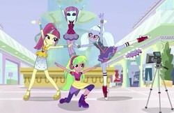 Size: 620x402 | Tagged: safe, screencap, lemon zest, sour sweet, sugarcoat, sunny flare, equestria girls, equestria girls specials, g4, my little pony equestria girls: dance magic, boots, camera, clothes, converse, crystal prep shadowbolts, cute, disco dress, eyes closed, glasses, headphones, high heels, leggings, pants, pantyhose, pigtails, ponytail, pose, shoes, skirt, skirt lift, sneakers, socks