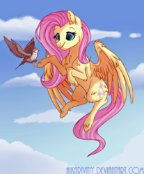 Size: 1024x1238 | Tagged: safe, artist:hikariviny, fluttershy, bird, pegasus, pony, g4, chest fluff, cloud, female, flying, mare, sky, smiling, solo