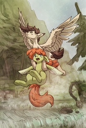Size: 1056x1572 | Tagged: safe, artist:koviry, oc, oc only, earth pony, pegasus, pony, carrying, commission, duo, female, floppy ears, flying, forest, male, mare, older, spread wings, stallion, tree, underhoof, wings