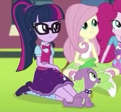 Size: 256x237 | Tagged: safe, screencap, fluttershy, pinkie pie, sci-twi, spike, spike the regular dog, twilight sparkle, dog, equestria girls, equestria girls specials, g4, my little pony equestria girls: dance magic, canterlot high, clothes, cropped, glasses, ponytail, sci-twi outfits, shoes, skirt, socks