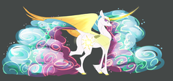 Size: 1280x600 | Tagged: safe, artist:ogaraorcynder, princess celestia, alicorn, pony, g4, eyeshadow, female, gold, gray background, lidded eyes, makeup, simple background, solo