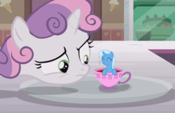 Size: 691x446 | Tagged: safe, edit, edited edit, edited screencap, screencap, sweetie belle, trixie, pony, unicorn, forever filly, g4, crossing the memes, cup, cup of pony, cute, diatrixes, meme, micro, sweetie's plate, teacup, that pony sure does love teacups