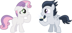 Size: 6509x3000 | Tagged: safe, artist:meandmyideas, artist:stjonal, rumble, sweetie belle, pegasus, pony, unicorn, g4, absurd resolution, colt, female, filly, floppy ears, foal, male, marriage proposal, ring, ship:rumbelle, shipping, simple background, straight, surprised, transparent background, vector
