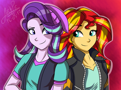 Size: 2300x1700 | Tagged: safe, artist:jack-pie, starlight glimmer, sunset shimmer, equestria girls, equestria girls specials, g4, my little pony equestria girls: mirror magic, beanie, clothes, duo, hat, jacket, looking at each other, shirt, smiling, vest