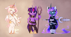 Size: 3519x1852 | Tagged: dead source, safe, artist:magnaluna, princess celestia, princess luna, twilight sparkle, alicorn, pony, semi-anthro, bipedal, boots, cheek fluff, chest fluff, clothes, curved horn, cute, cutelestia, dress, ear fluff, eyes closed, featureless crotch, female, galaxy mane, hooves, horn, horseshoes, leg fluff, letter, looking at you, lunabetes, mare, miniskirt, open mouth, paws, royal sisters, skirt, smiling, socks, staff, thigh boots, thigh highs, trio, twiabetes, twilight sparkle (alicorn), warrior luna, weapon, wing fluff