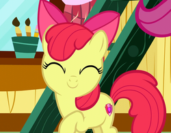 Size: 1382x1074 | Tagged: safe, screencap, apple bloom, earth pony, pony, forever filly, g4, adorabloom, bow, cropped, cute, eyes closed, female, filly, hair bow, raised hoof, smiling, solo