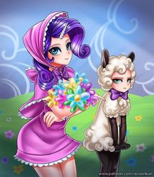 Size: 900x1033 | Tagged: safe, artist:racoonsan, rarity, sweetie belle, human, lamb, sheep, forever filly, g4, balloon, balloon bouquet, bonnet, bouquet, clothes, costume, cute, dress, duo, female, flower, horn, horned humanization, humanized, lamb costume, little bo peep, looking at you, rari-bo peep, scene interpretation, sheepie belle, sisters, smiling, sweetie belle is not amused, unamused