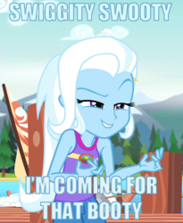 Size: 429x524 | Tagged: safe, edit, edited screencap, screencap, trixie, equestria girls, g4, my little pony equestria girls: legend of everfree, clothes, cropped, female, hairclip, lidded eyes, lip bite, meme, shirt, solo, swiggity swooty, t-shirt