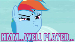 Size: 960x540 | Tagged: safe, edit, edited screencap, screencap, rainbow dash, pony, g4, caption, female, glare, lidded eyes, pouting, rainbow dash is best facemaker, solo, well played