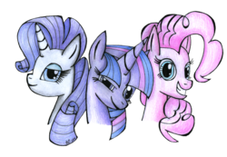 Size: 1280x885 | Tagged: safe, artist:ogaraorcynder, pinkie pie, rarity, twilight sparkle, earth pony, pony, unicorn, g4, bust, eyeshadow, lidded eyes, looking at you, makeup, simple background, smiling, traditional art, transparent background