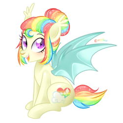 Size: 3300x3300 | Tagged: safe, artist:kaikururu, oc, oc only, oc:shimmering skies, bat pony, pony, female, high res, mare, multicolored hair, rainbow hair, simple background, sitting, solo, transparent background